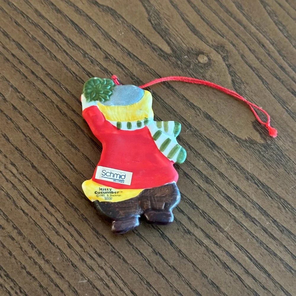 Vintage 1985 Schmid Kitty Cucumber Christmas Ornament Red‎ Coat Cat B Shackman